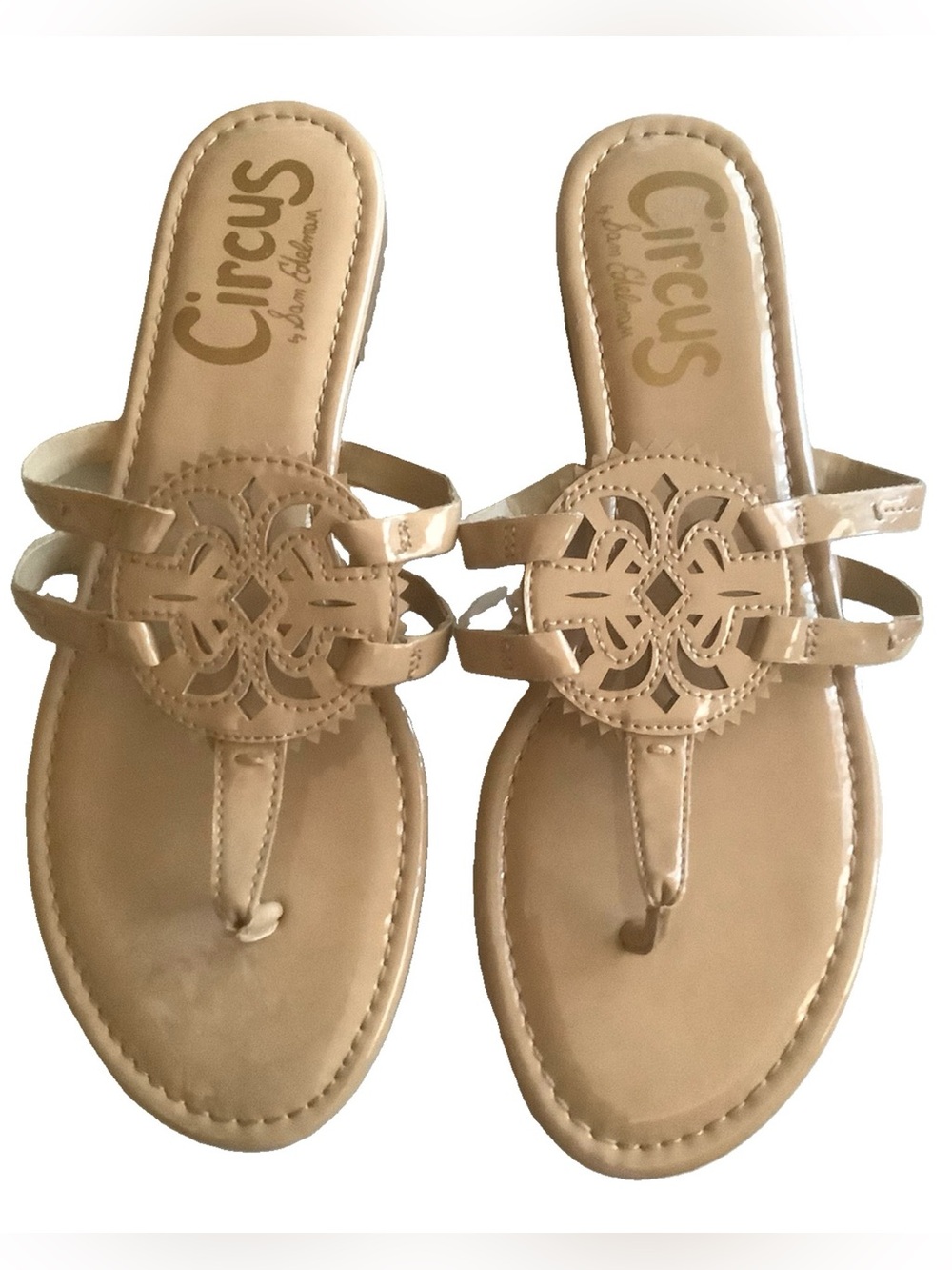 Sam Edelman Tan Cutout Thong Sandals with Decorative Medallion